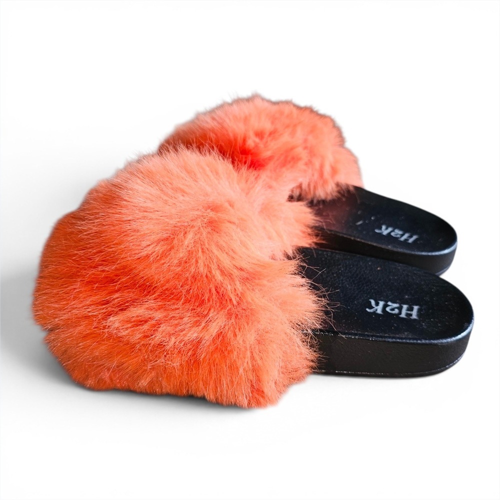 Faux Fur Slide Sandals Womens 9 Orange Coral New H2K Fluffy Open Toe Slippers